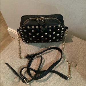 Stud leather camera crossbody bag